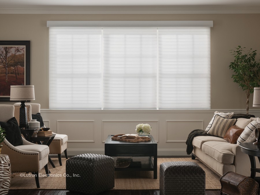 Elegant living room with remote control shades from Lutron covering two windows, providing a soft natural light.